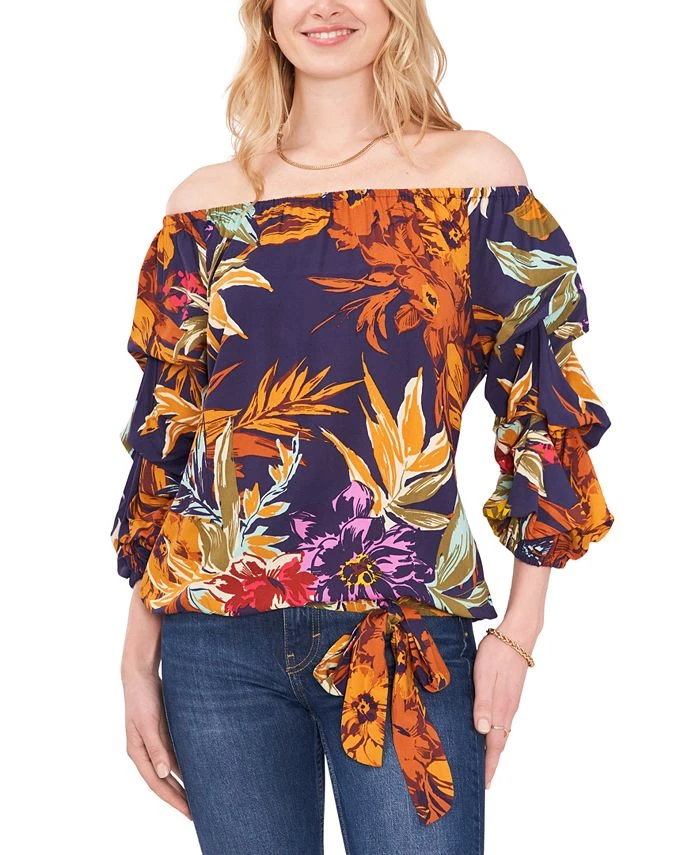 Vince Camuto Women's Printed Off-The-Shoulder Bubble-Sleeve Challis Blouse 1 Vince Camuto Women's Printed Off-The-Shoulder Bubble-Sleeve Challis Blouse