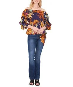Vince Camuto Women's Printed Off-The-Shoulder Bubble-Sleeve Challis Blouse 7 Vince Camuto Women's Printed Off-The-Shoulder Bubble-Sleeve Challis Blouse -CeCe cloth-shop 21900210 fpx