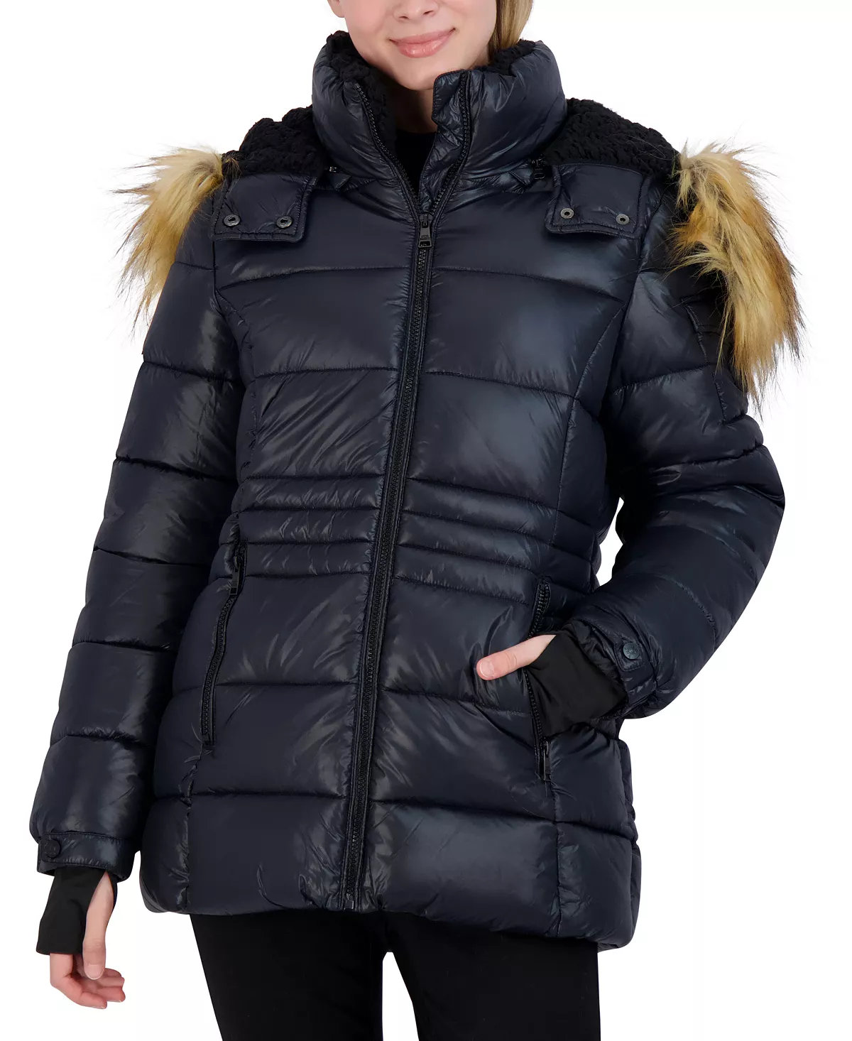 Steve Madden Juniors' Faux-Fur-Trim Hooded Shine Puffer Coat, Created For Macy's 5 Steve Madden Juniors' Faux-Fur-Trim Hooded Shine Puffer Coat, Created For Macy's - Image 5