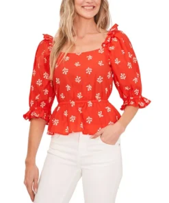 CeCe Embroidered Puff-Sleeve Cotton Top