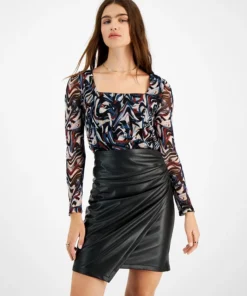 Bar III Women's Square Neck Marble Mesh Top, Created For Macy's