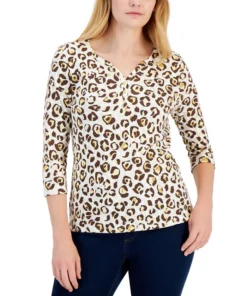 Karen Scott Women's Leopard-Print 3/4-Sleeve Henley Top, Created For Macy's