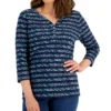 Karen Scott Women's Nico Striped 3/4-Sleeve Henley Top, Created For Macy's