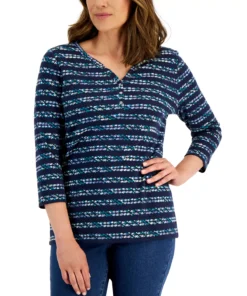 Karen Scott Women's Nico Striped 3/4-Sleeve Henley Top, Created For Macy's