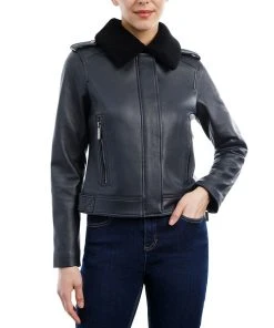 Michael Kors Women's Fleece-Collar Leather Coat, Created For Macy's