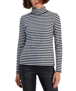 Style & Co Women's Striped Ribbed Turtleneck Top, Created For Macy's