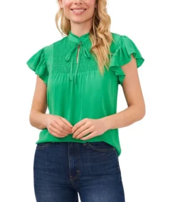 CeCe Women's Smocked Tie Neck Flutter Sleeve Blouse