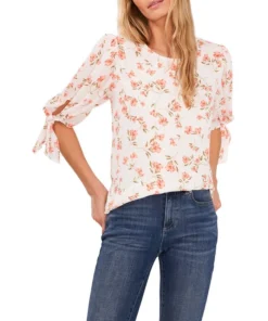 CeCe Women's Coastal Floral Tie Sleeve Blouse