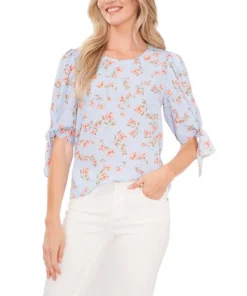 CeCe Women's Coastal Floral Tie Sleeve Blouse
