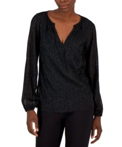 Alfani Women's Pleated Long-Sleeve Shimmer Top, Created For Macy's