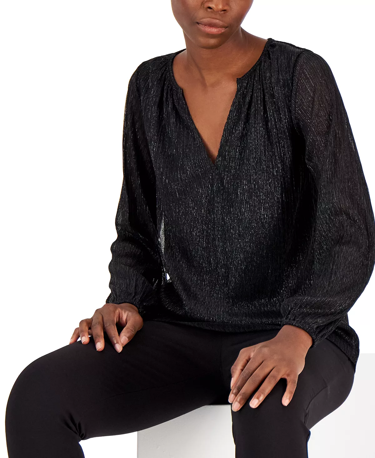 Alfani Women's Pleated Long-Sleeve Shimmer Top, Created For Macy's 3 Alfani Women's Pleated Long-Sleeve Shimmer Top, Created For Macy's - Image 3