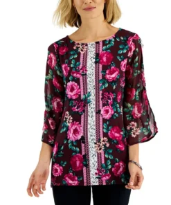 JM Collection Women's 3/4-Sleeve Mixed-Print Tunic, Created For Macy's
