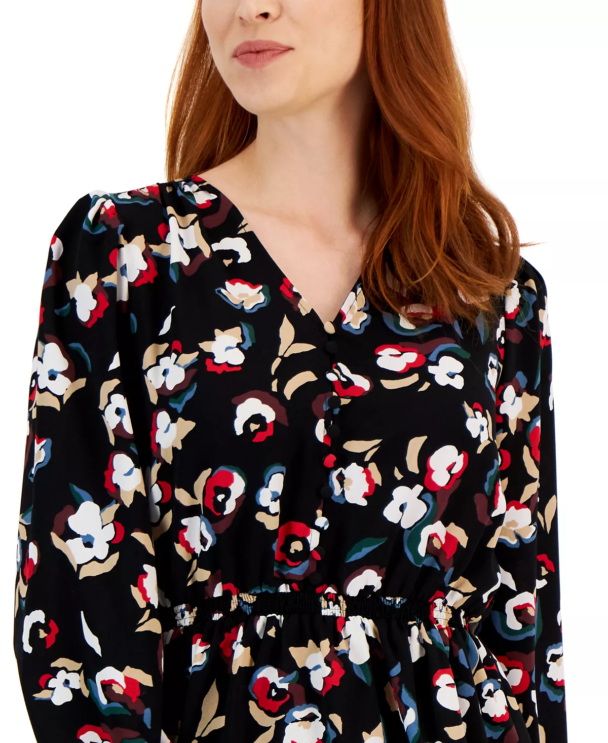 Alfani Women's Smocked Peplum V-Neck Blouse, Created For Macy's 3 Alfani Women's Smocked Peplum V-Neck Blouse, Created For Macy's - Image 3