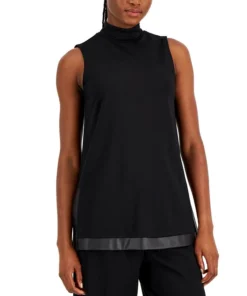 Anne Klein Women's Faux-Leather Trim Mock Neck Tunic