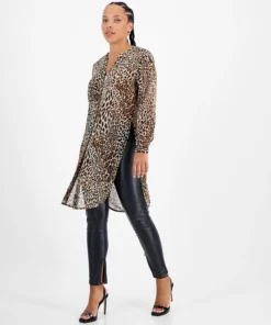 Bar III Women's Printed Button-Down Chiffon Tunic Blouse, Created For Macy's