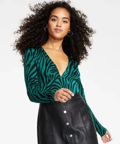 Bar III Women's V-Neck Zebra-Print Bodysuit, Created For Macy's -CeCe cloth-shop 22180707 fpx