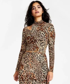 Bar III Women's Animal-Print Mock-Neck Long-Sleeve Crop Top, Created For Macy's