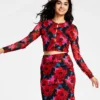 Bar III Women's Floral-Print Cutout Mesh-Sleeve Crop Top, Created For Macy's