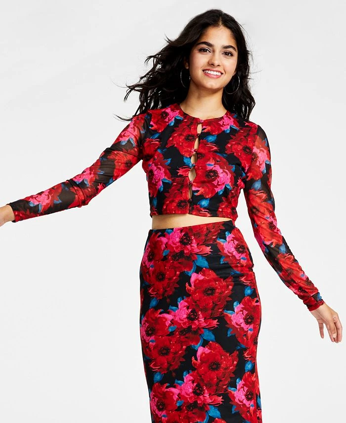 Bar III Women's Floral-Print Cutout Mesh-Sleeve Crop Top, Created For Macy's 1 Bar III Women's Floral-Print Cutout Mesh-Sleeve Crop Top, Created For Macy's