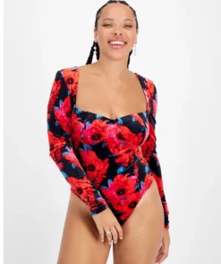 Bar III Women's Floral-Print Square-Neck Velvet Bodysuit, Created For Macy's