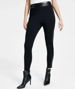 Bar III Women's Faux Leather Trim Pull-On Leggings, Created For Macy's