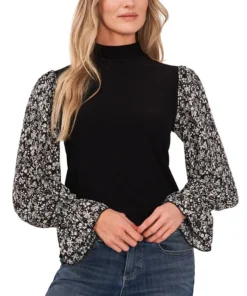CeCe Women's Mock Neck Printed Sleeve Knit Top