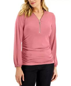 JM Collection Women's Zip-Front Ruched Top, Created For Macy's -CeCe cloth-shop 22206115 fpx