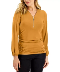 JM Collection Women's Zip-Front Ruched Top, Created For Macy's -CeCe cloth-shop 22206118 fpx
