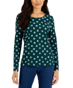 Karen Scott Women's Long-Sleeve Subtle Snowflake Top, Created For Macy's