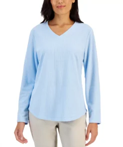 Karen Scott Women's Textured Microfleece V-Neck Top, Created For Macy's