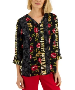 JM Collection Women's Printed Roll-Tab-Sleeve Top, Created For Macy's -CeCe cloth-shop 22269586 fpx