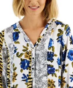 JM Collection Women's Printed Roll-Tab-Sleeve Top, Created For Macy's -CeCe cloth-shop 22269588 fpx