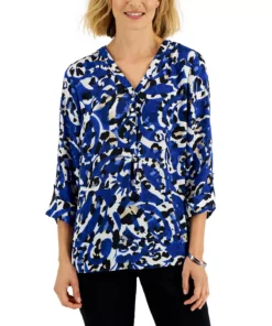 JM Collection Women's Animal-Print Roll-Tab-Sleeve Top, Created For Macy's -CeCe cloth-shop 22269603 fpx