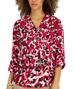 JM Collection Women's Animal-Print Roll-Tab-Sleeve Top, Created For Macy's -CeCe cloth-shop 22269606 fpx
