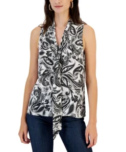 INC International Concepts Women's Printed Tie-Neck Top, Created For Macy's