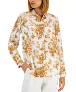Charter Club Women's Floral-Print Linen Shirt, Created For Macy's