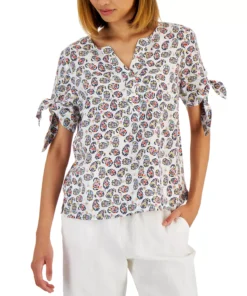 Charter Club Women's Linen Tie-Sleeve Top, Created For Macy's 8 Charter Club Women's Linen Tie-Sleeve Top, Created For Macy's -CeCe cloth-shop 22270237 fpx