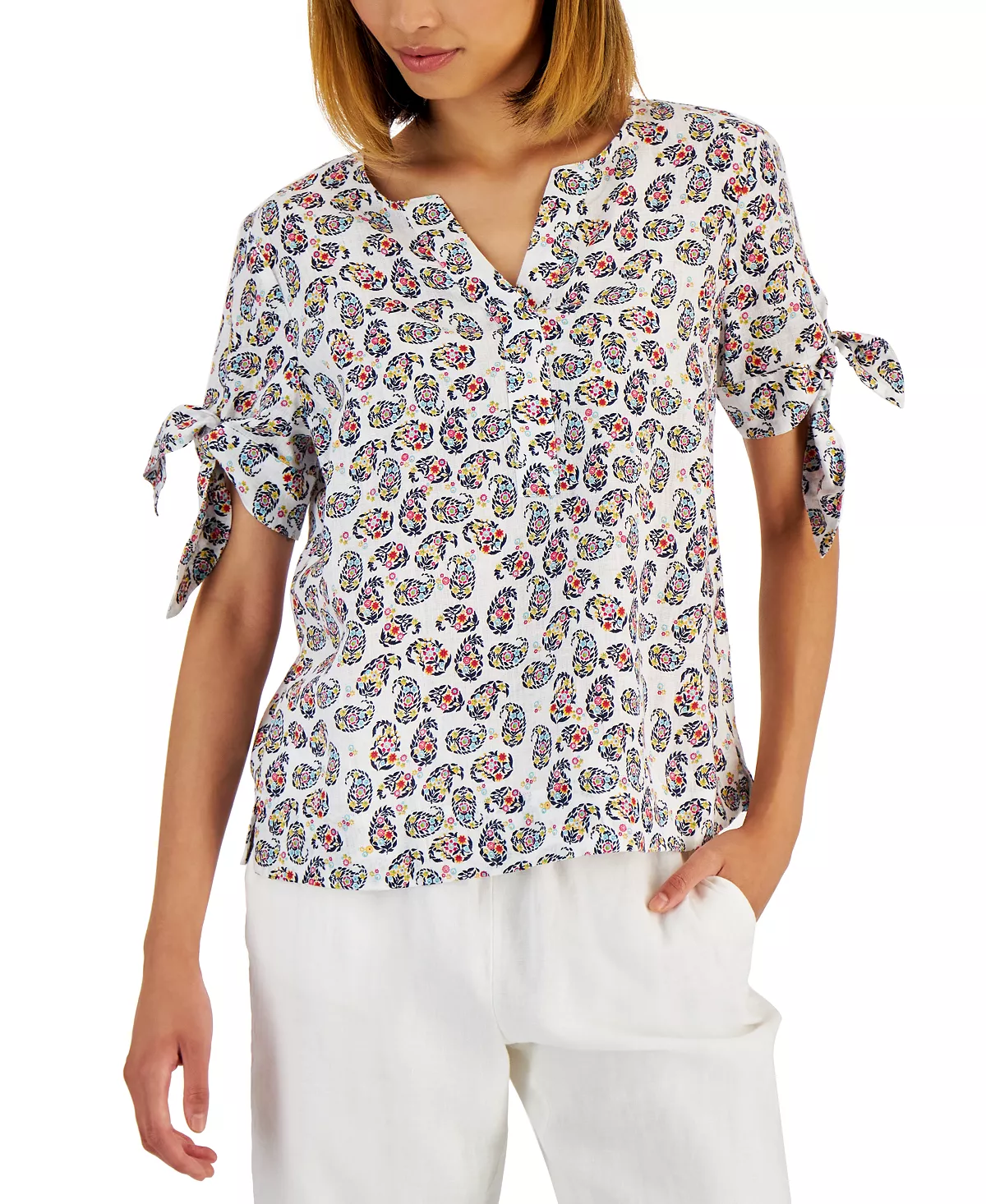 Charter Club Women's Linen Tie-Sleeve Top, Created For Macy's 4 Charter Club Women's Linen Tie-Sleeve Top, Created For Macy's - Image 4