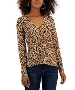 INC International Concepts Women's Animal-Print Ruched-Front V-Neck Top, Created For Macy's