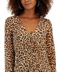 INC International Concepts Women's Animal-Print Ruched-Front V-Neck Top, Created For Macy's -CeCe cloth-shop 22270625 fpx