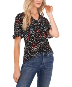 CeCe Women's Ruffled Short Sleeve Ditsy Knit Top