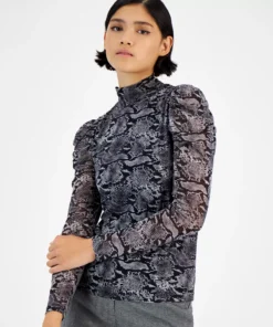 Bar III Women's Draped-Sleeve Animal-Print Mesh Top, Created For Macy's -CeCe cloth-shop 22299078 fpx