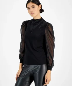 Bar III Women's Embroidered Funnel-Neck Sheer-Sleeve Top, Created For Macy's