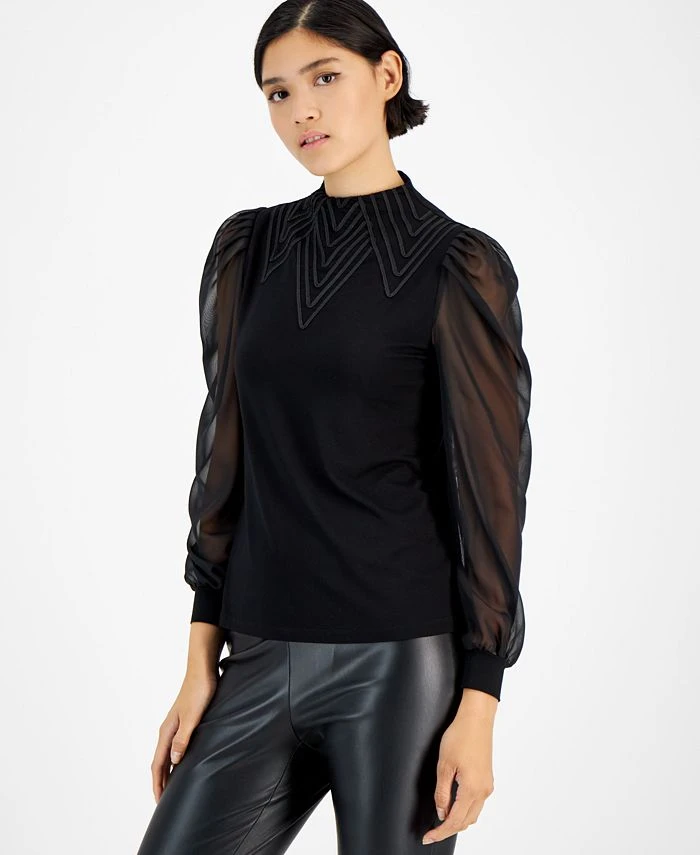 Bar III Women's Embroidered Funnel-Neck Sheer-Sleeve Top, Created For Macy's 1 Bar III Women's Embroidered Funnel-Neck Sheer-Sleeve Top, Created For Macy's