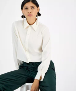 Bar III Women's Cropped Button-Front Long-Sleeve Blouse, Created For Macy's -CeCe cloth-shop 22299145 fpx