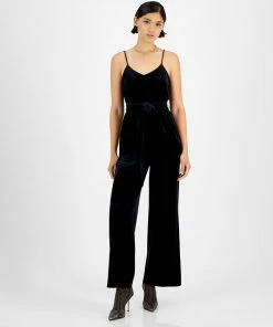 Bar III Women's Velvet V-Neck Scoop-Back Belted Jumpsuit, Created For Macy's