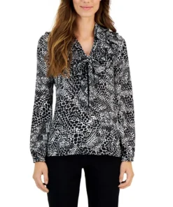 Kasper Women's Printed Tie V-Neck Ruffled Long-Sleeve Top
