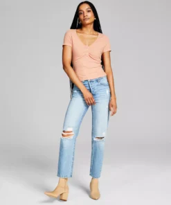 And Now This Women's Ruched-Front Ribbed Henley Top