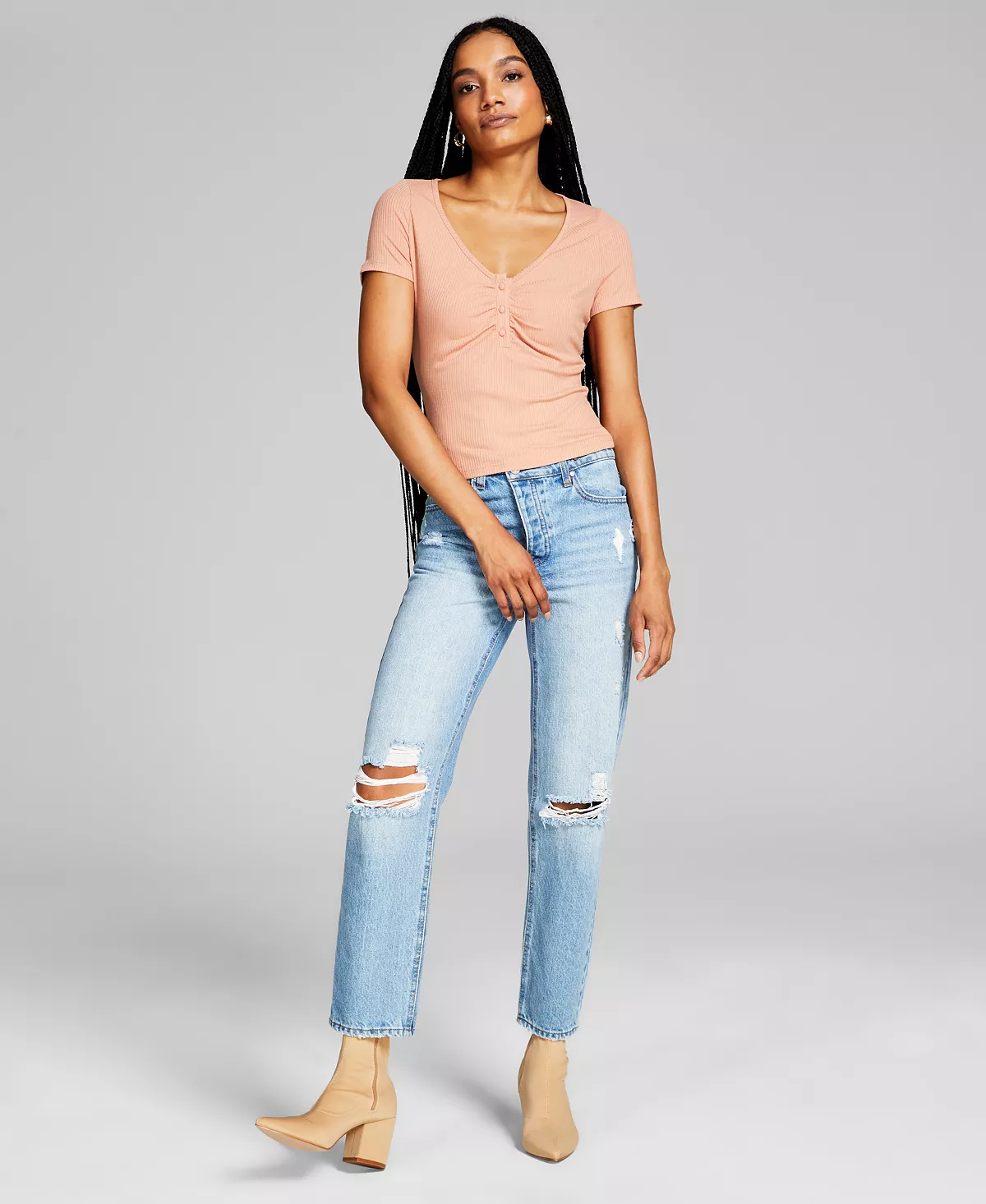 And Now This Women's Ruched-Front Ribbed Henley Top 1 And Now This Women's Ruched-Front Ribbed Henley Top