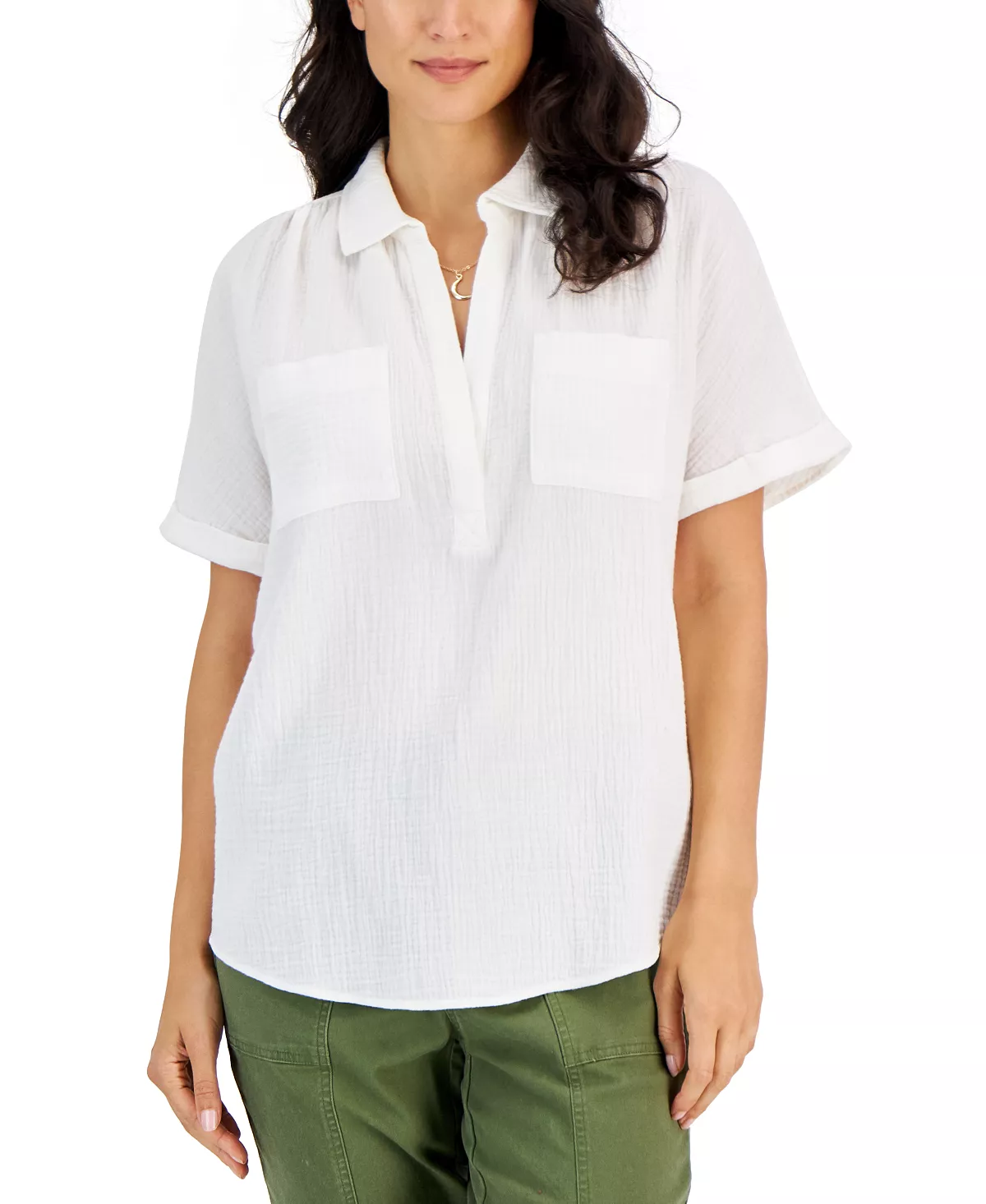 Style & Co Women's Cotton Crinkle Gauze Top, Created For Macy's 3 Style & Co Women's Cotton Crinkle Gauze Top, Created For Macy's - Image 3